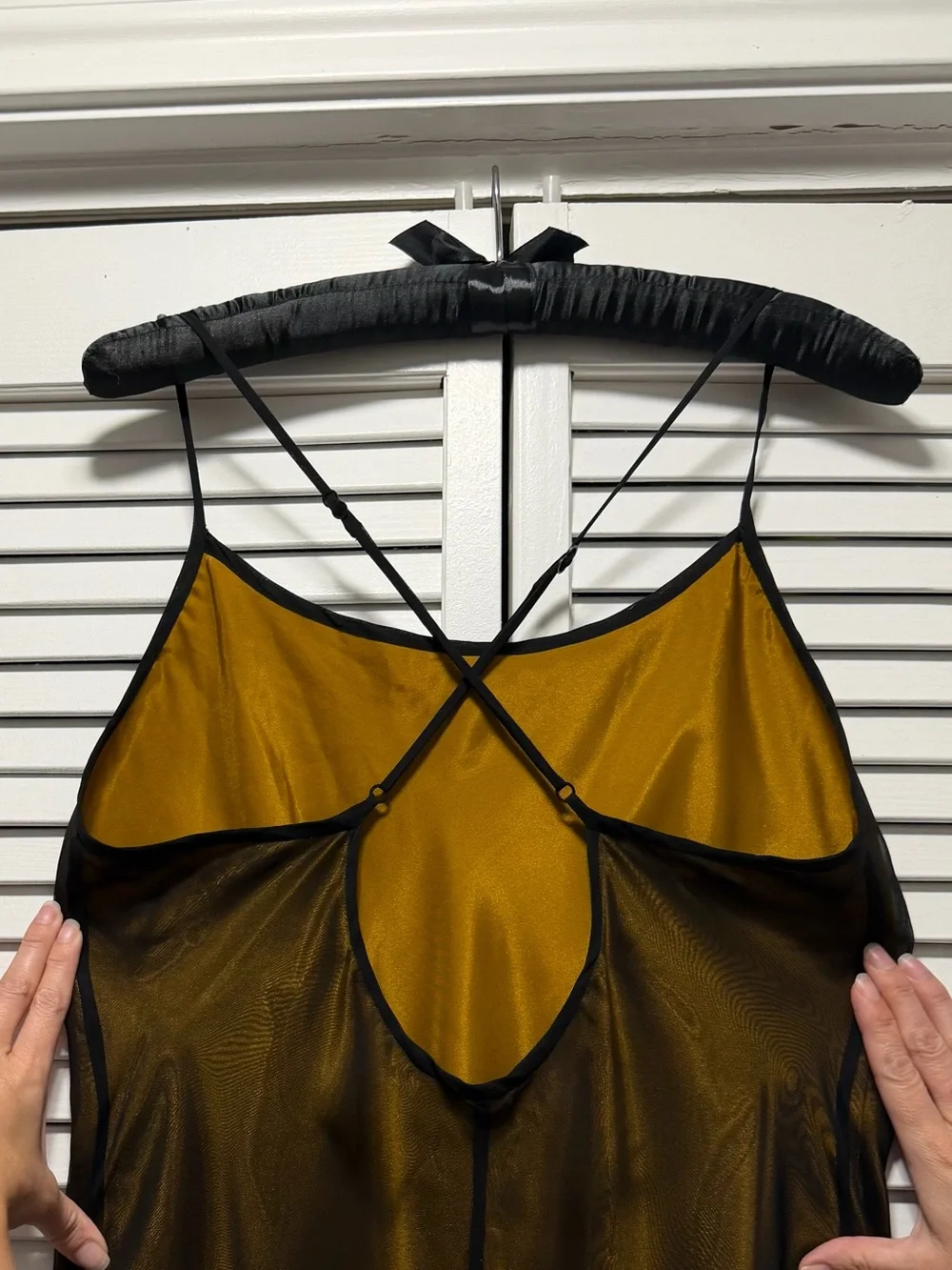 Vintage Victoria's Secret Mustard Slip Dress with Black Sheer Overlay - Picture 5 of 9